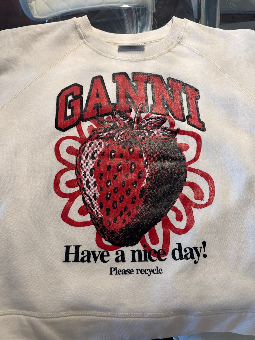 Ganni White Crewneck Sweatshirt with Red & Black Strawberry Graphic